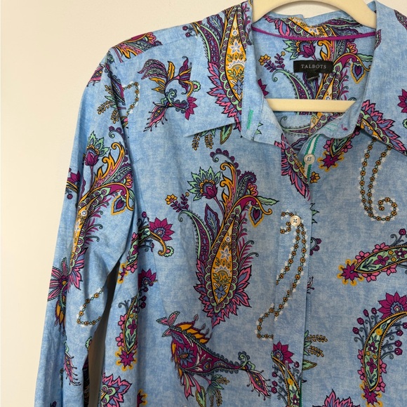 Talbots 100% Cotton Blue Paisley Print Button Front Blouse Size Medium - Picture 6 of 16